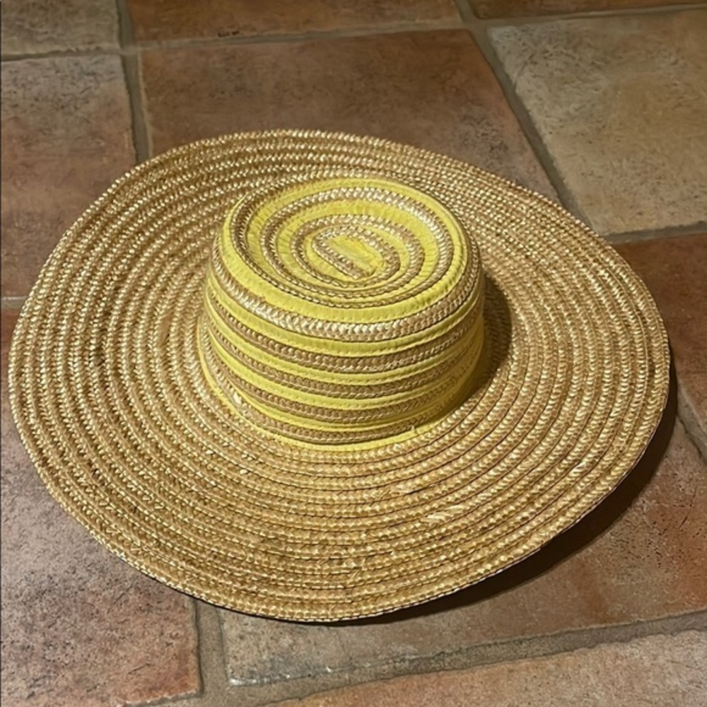 Vintagee Mr Field wide brim, sun, hat, trimmed in yellow ribbon, size medium